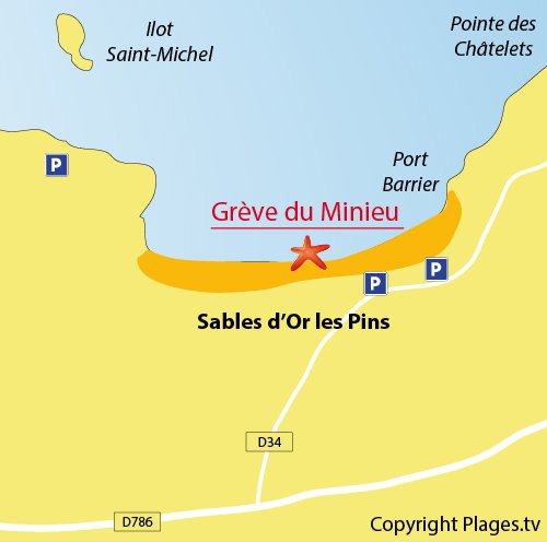 Map of Minieu Beach beach in Sables d'Or les Pins