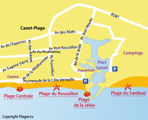 Map of Sardinal Beach in Canet en Roussillon in France