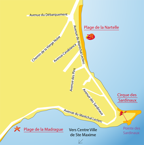 Map of Sardinaux beach in Ste Maxime