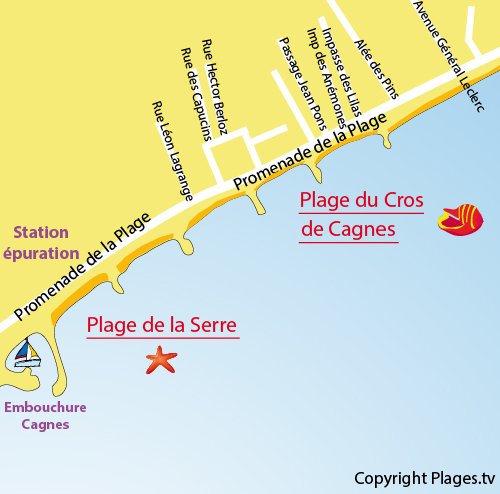 Carte de la plage de la Serre à Cagnes sur Mer