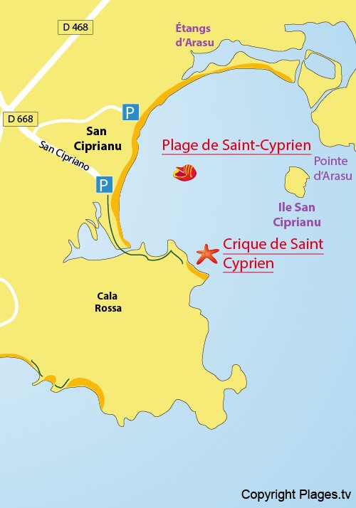 Map of Saint Cyprien Beach in Corsica (San Ciprianu)