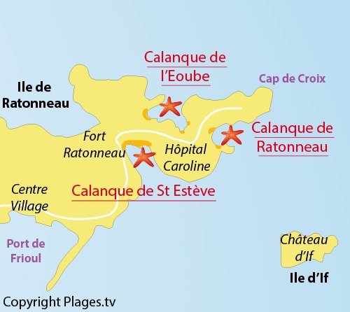 Map of St Esteve beach in Frioul - France