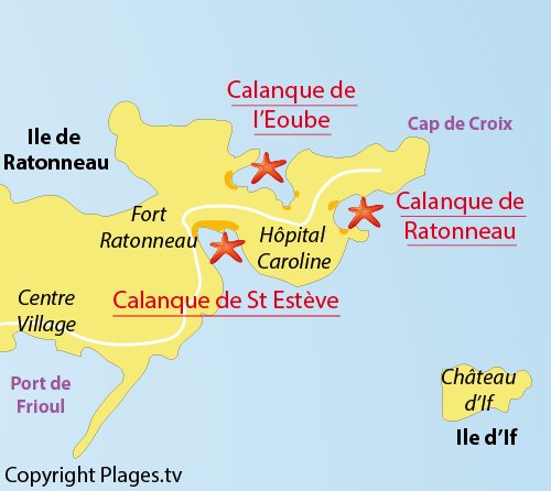 Carte de la plage de St Estève sur les iles de Frioul