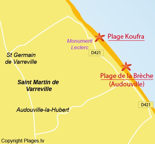 Carte de la plage de Saint Martin de Varreville en Normandie