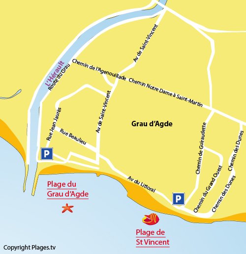 Plan de la plage de St Vincent au Grau d'Agde