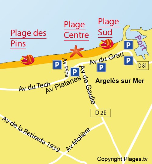 Map of South Beach in Argelès in France