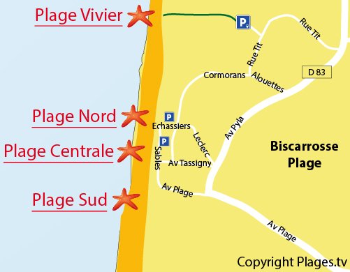 Map of South Beach in Biscarrosse Ocean