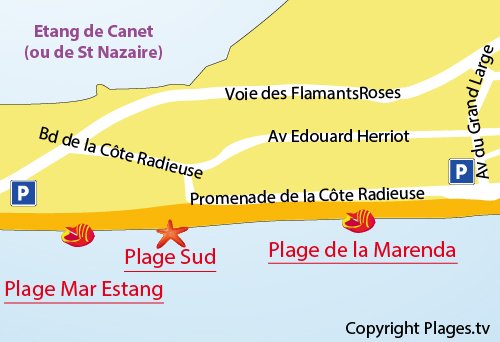 Map of South Beach in Canet-en-Roussillon in France