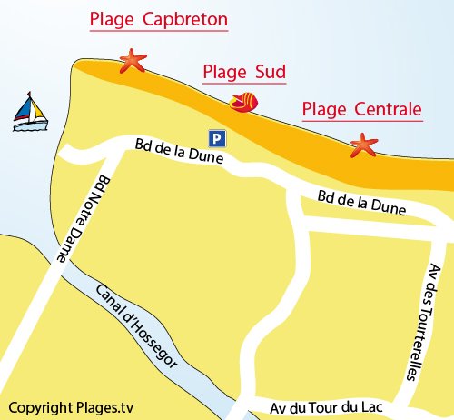 Carte de la plage Sud d'Hossegor dans les Landes