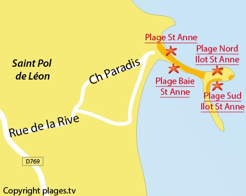 Carte de la plage sud sur l'ilot de Sainte Anne - St Pol de Léon