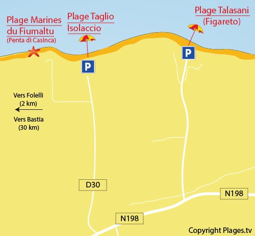 Carte de la plage de Taglio Isolaccio en Corse