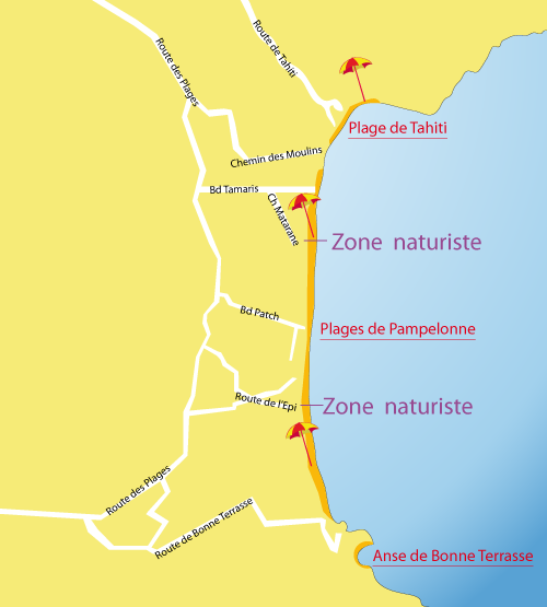 Map of Tahiti Beach in Ramatuelle - France