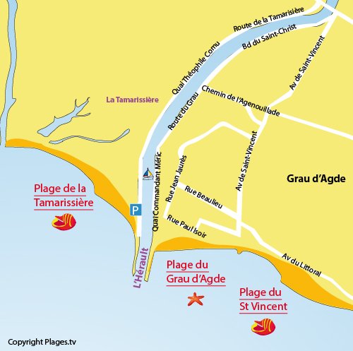 Map of Tamarissiere Beach in Grau d'Agde