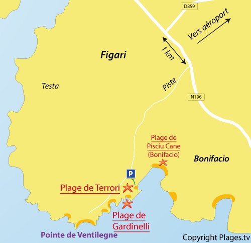 Carte de la plage de Terrori à Figari