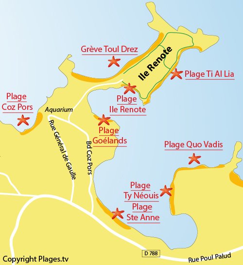 Plan de la plage et des criques de Ti Al Lia sur l'Ile Renote à Trégastel