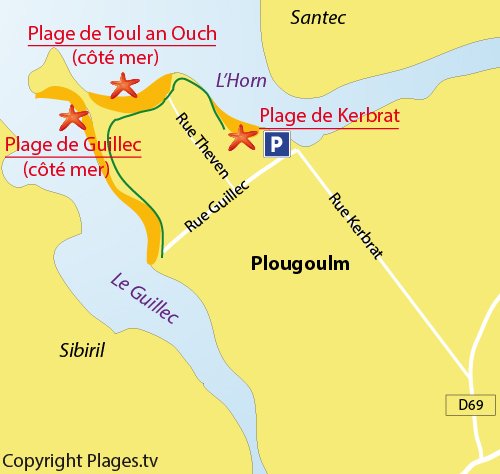 Carte de la plage de Kerbrat à Plougoulm