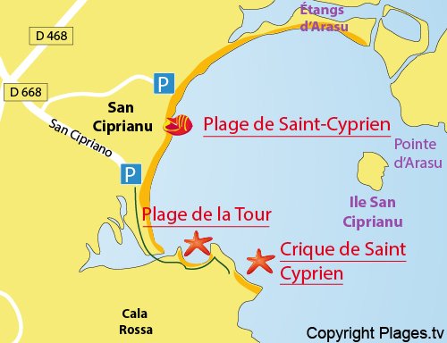 Mappa della Spiaggia della Tour a Saint Cyprien - Corsica