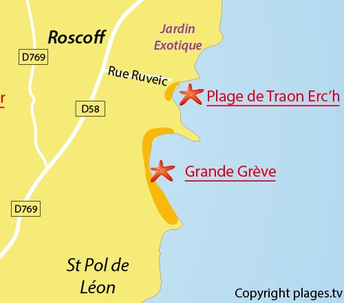 Map of Traon Erc'h Beach in Roscoff