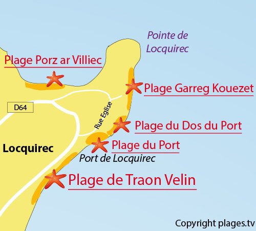 Carte de la plage de Traon Velin à Locquirec