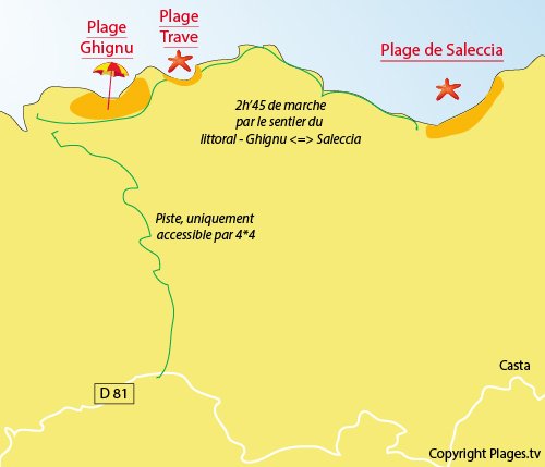 Map of Trave beach in Corsica (Desert Agriate)