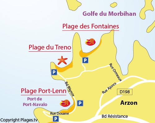 Plan de la plage du Treno à Arzon