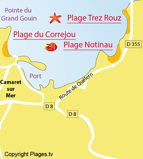 Map of Trez Rouz beach in Camaret sur Mer in France