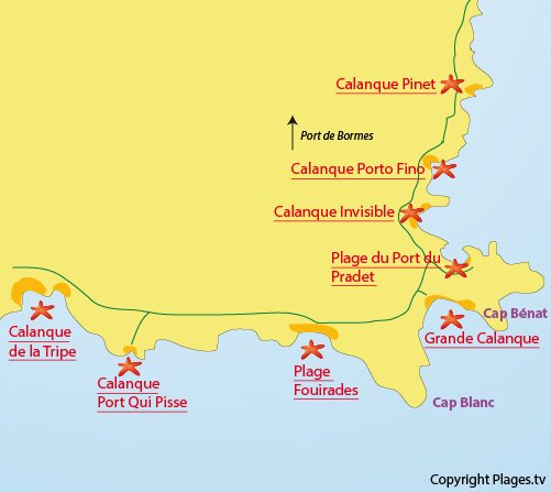 Map of the Tripe Beach in Bormes les Mimosas