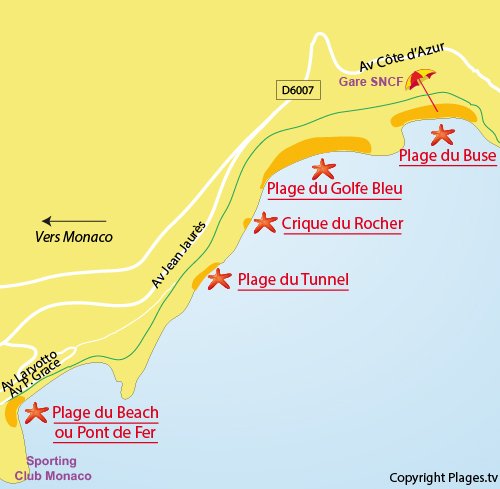 Mappa della spiaggia del Tunnel a Roquebrune Cap Martin