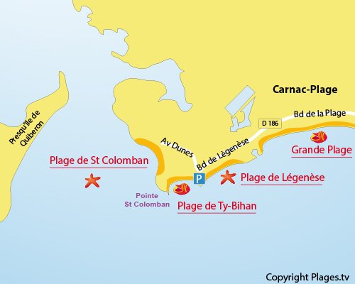 Carte de la plage de Ty Bihan à Carnac - 56