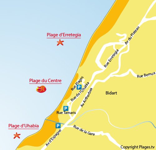 Carte de la plage d'Uhabia à Bidart