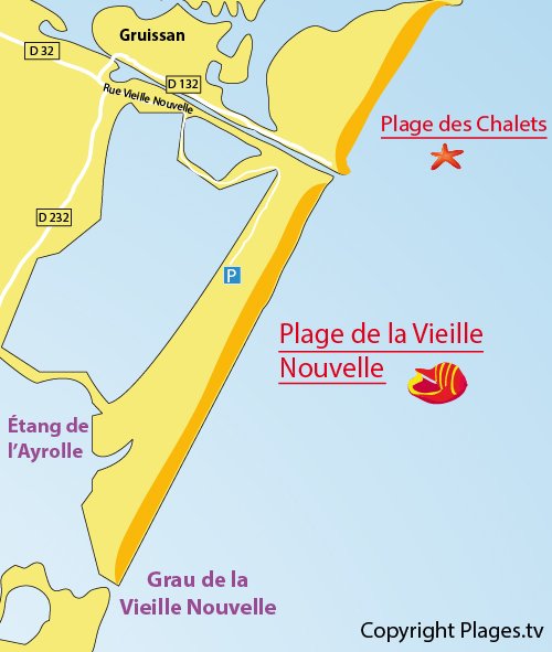 Map of Vieille Nouvelle Beach in Gruissan