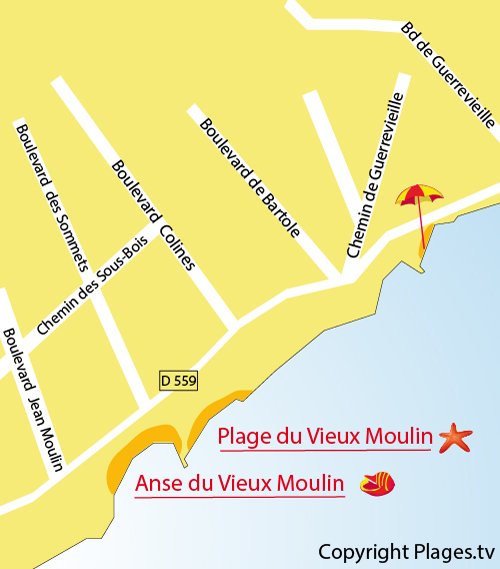 Map of Vieux Moulin Beach in Port Grimaud