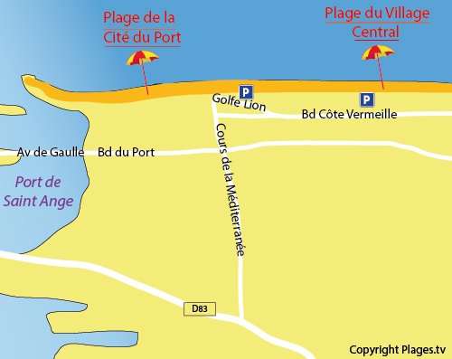 Mappa della Spiaggia del Villaggio Centrale a Port Barcarès