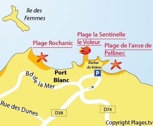 Plan des plages à côté du rocher du Voleur et de la Sentinelle à Port Blanc