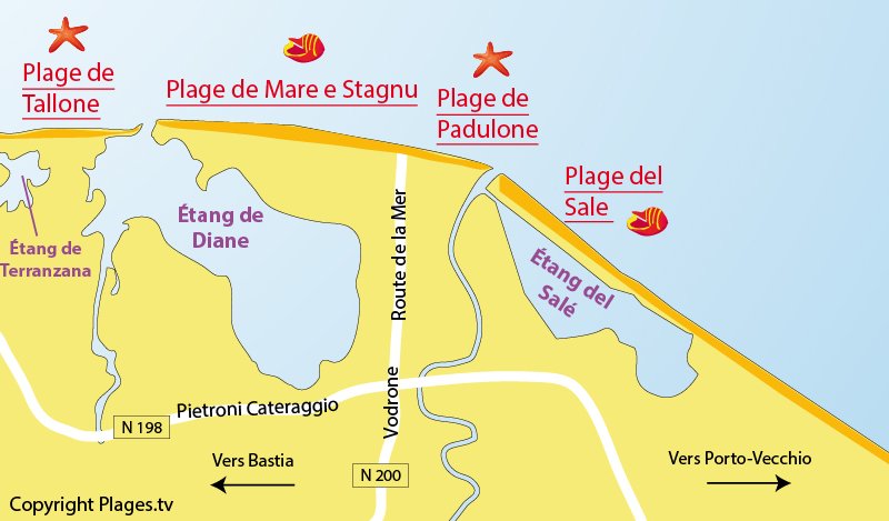 Carte des plages d'Aléria en Corse