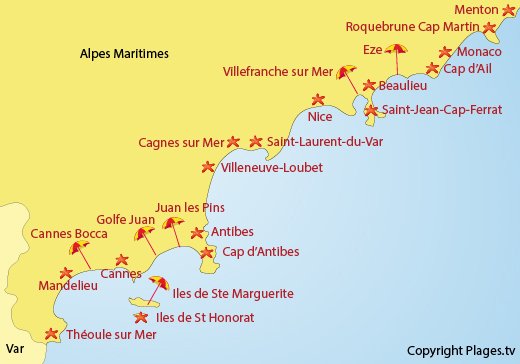 Map of the Alpes Maritimes beaches in France