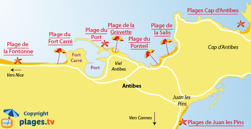 Carte des plages d'Antibes