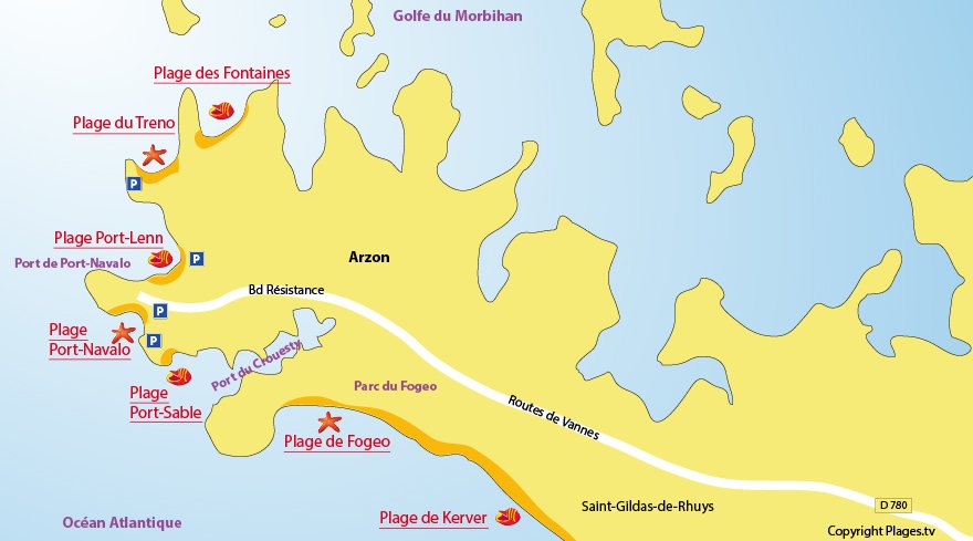 Plan des plages d'Arzon en Bretagne