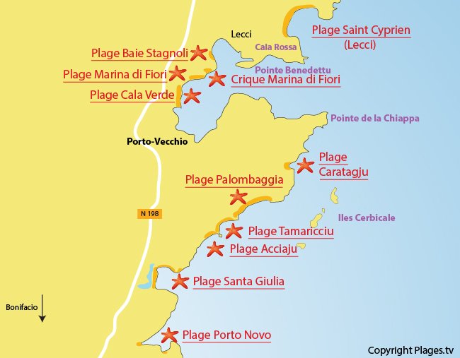 Map of the beaches around Porto-Vecchio in Corsica