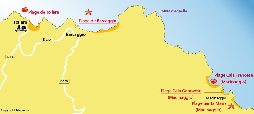 Carte des plages de Barcaggio et de Tollare dans le Cap Corse