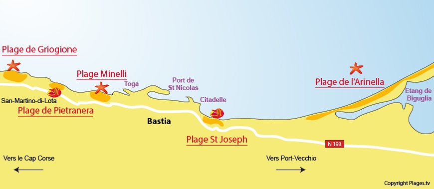 Carte des plages de Bastia