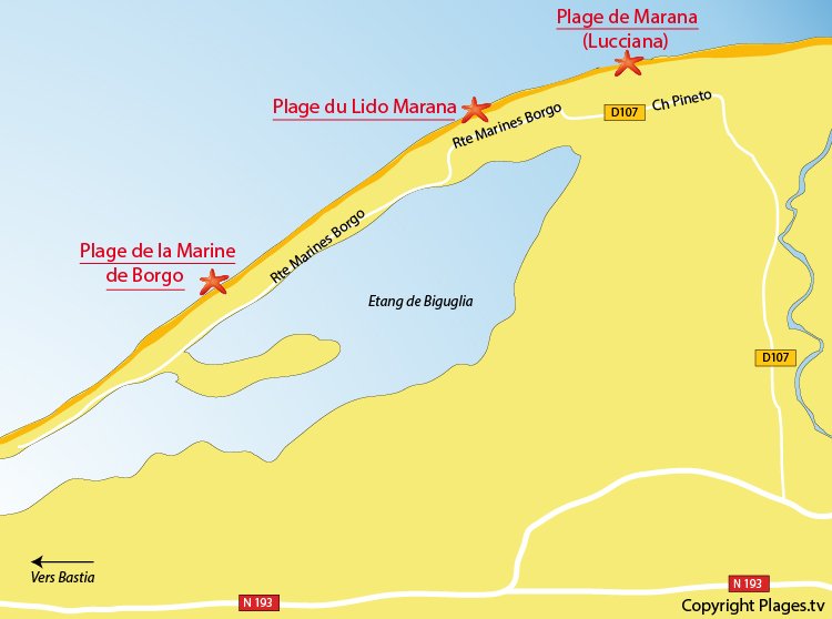 Carte des plages de Borgo en Corse