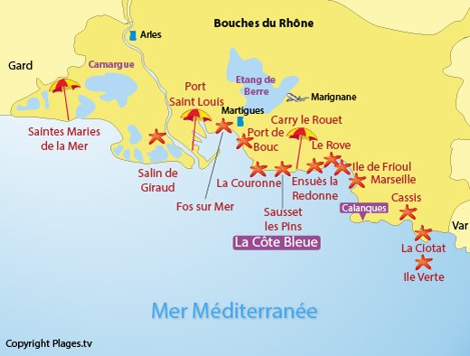 Map of the Bouches du Rhone beaches in France