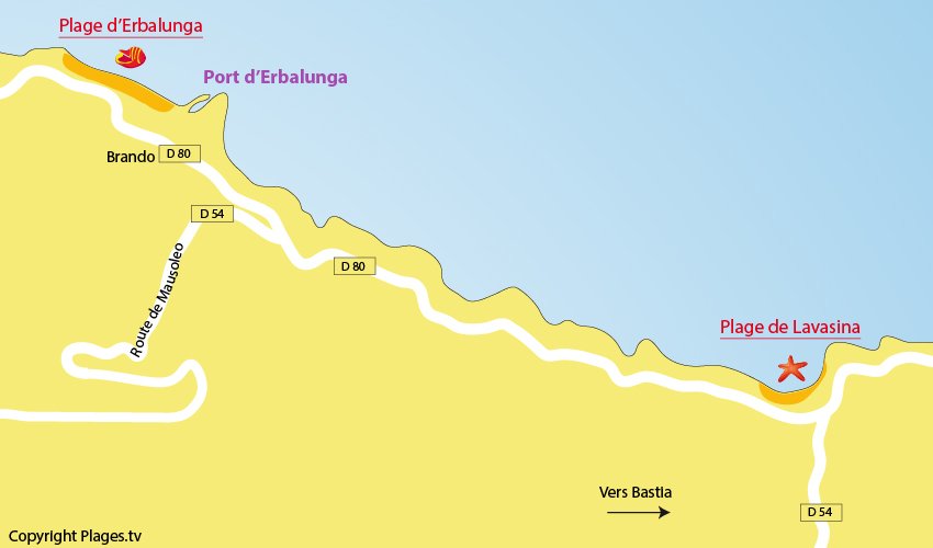 Carte des plages de Brando en Corse