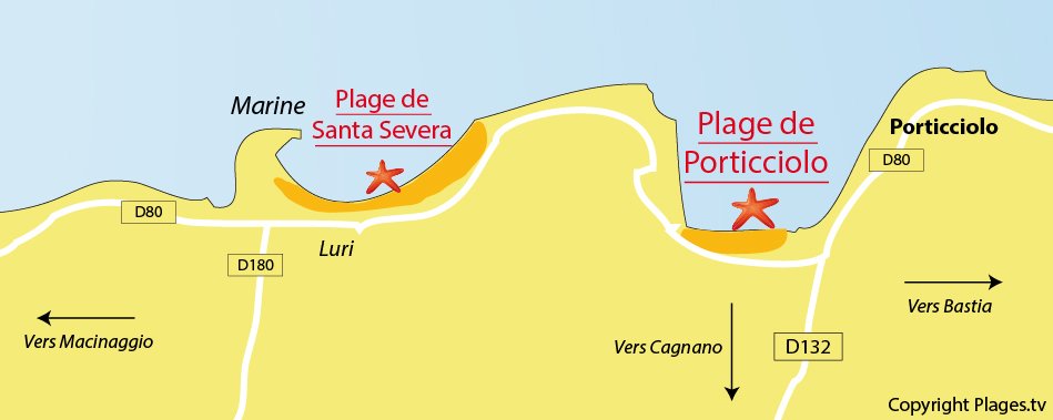 Carte des plages de Cagnano dans le Cap Corse