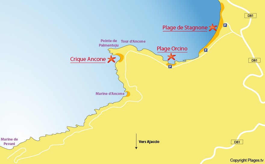 Carte des plages de Calcatoggio en Corse