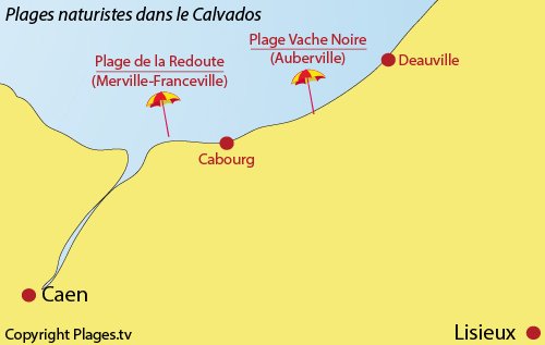 Carte des plages naturistes dans le Calvados (Normandie)