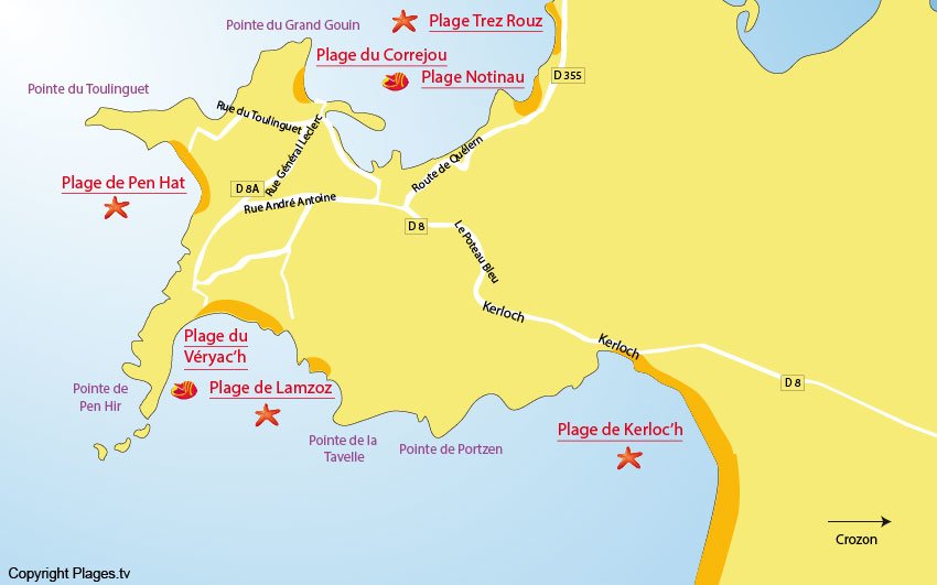 Carte des plages de Camaret sur Mer sur la presqu'ile de Crozon - Bretagne