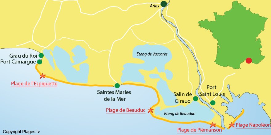 Map of beaches in the Camargue