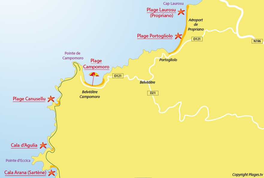 Carte des plages de Campomoro en Corse